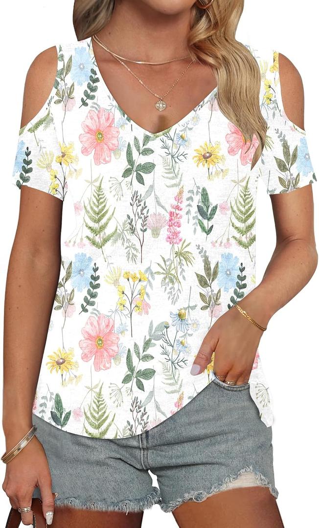 AUSELILY Womens Summer T Shirts Casual Ladies V Neck Tops Short Sleeve Cold Shoulder Loose Fit Blouse (S)