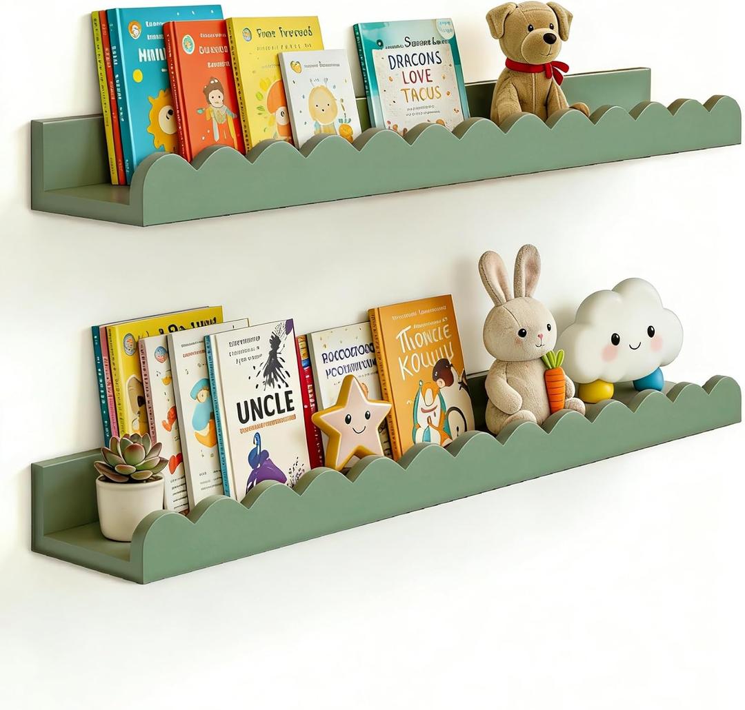 Nursery Book Shelves 20Inches, Scalloped Floating Shelves for Bedroom Kids, Nursery Shelves for Wall 2 Pack, Scalloped Shelf for Toddler Room, Baby Room, Sage, Large, 20 Inches / Set of 2