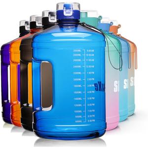 SLUXKE Gallon Big Water Bottle with Handle, 128oz Leakproof BPA Free Fitness Sports Water Bottle with Motivational Time Marker & Wide Mouth Ensure You Drink More Water (BLUE)