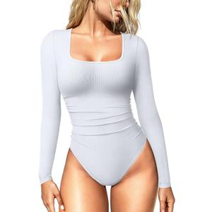 OQQ Women's Bodysuits Ruched Long Sleeve Square Neck Lounge Stretch Travel Bodysuits, Size: XXL