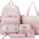5Pcs Kawaii Cute Backpacks Combo Set with Bear Pendant & Pins - Back To School Supplies Patchwork Bunny Daypack Bag Kit (Pink)
