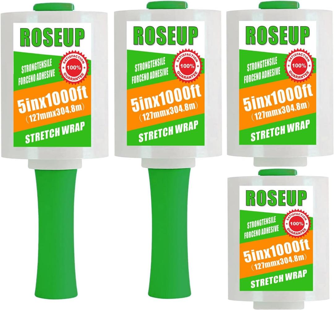 Clear Stretch Wrap Film 5" x 1000ft Roll with Handle, 80 Gauge Thick Cling Plastic Wrap for Moving, Pallet Wrap, Self Adhering Packaging Heavy Duty Shrink Film, 4 Pack