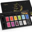 CraftyManor Mini Glitter Watercolor Paint Set with Paper, 12 Colors Shimmer Metallic Watercolour Painting Sets, Solid Pearl Water Color Paints for Adult(3ml 12 Colors)