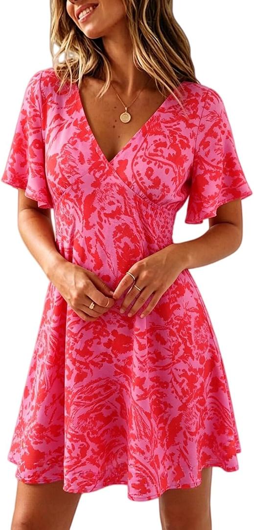 Casual Summer Dresses for Women Short Sleeve V Neck A Line Floral Mini Dress Flowy Beach Vacation Sundresses 2026 (Pink, M)