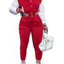 KELOVEPAN Sweatsuits for Women Set 2 Piece Patchwork Tracksuits Long Sleeve Button Down Crop Bomber Varsity Jacket Pants Set Sexy Red L Size large