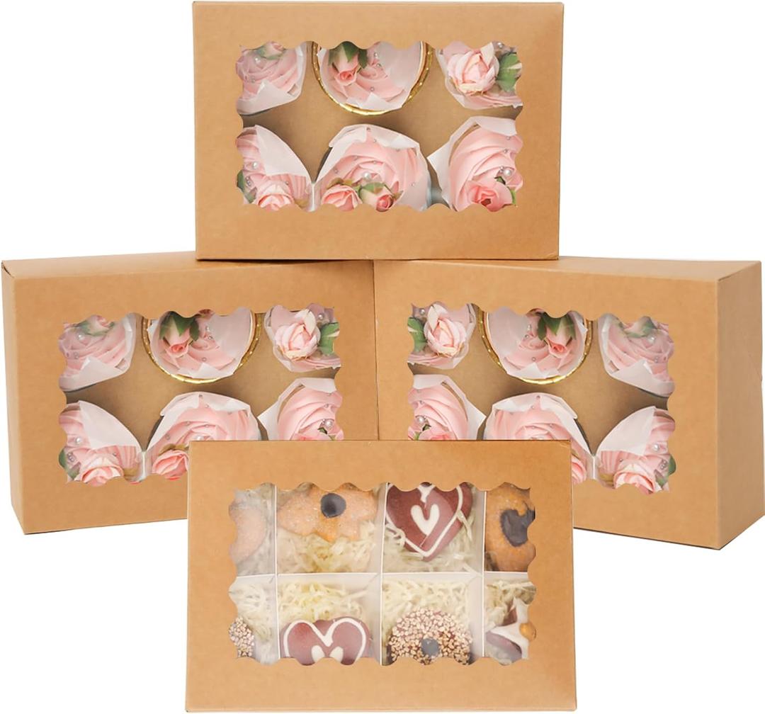 qiqee Brown 6 Cupcake Boxes with Window 30 Auto pop up Packs Cupcake Box 9.4"x6.1"x3.3" Bakery Boxes For Cupcakes Carrier, Cupcake Containers