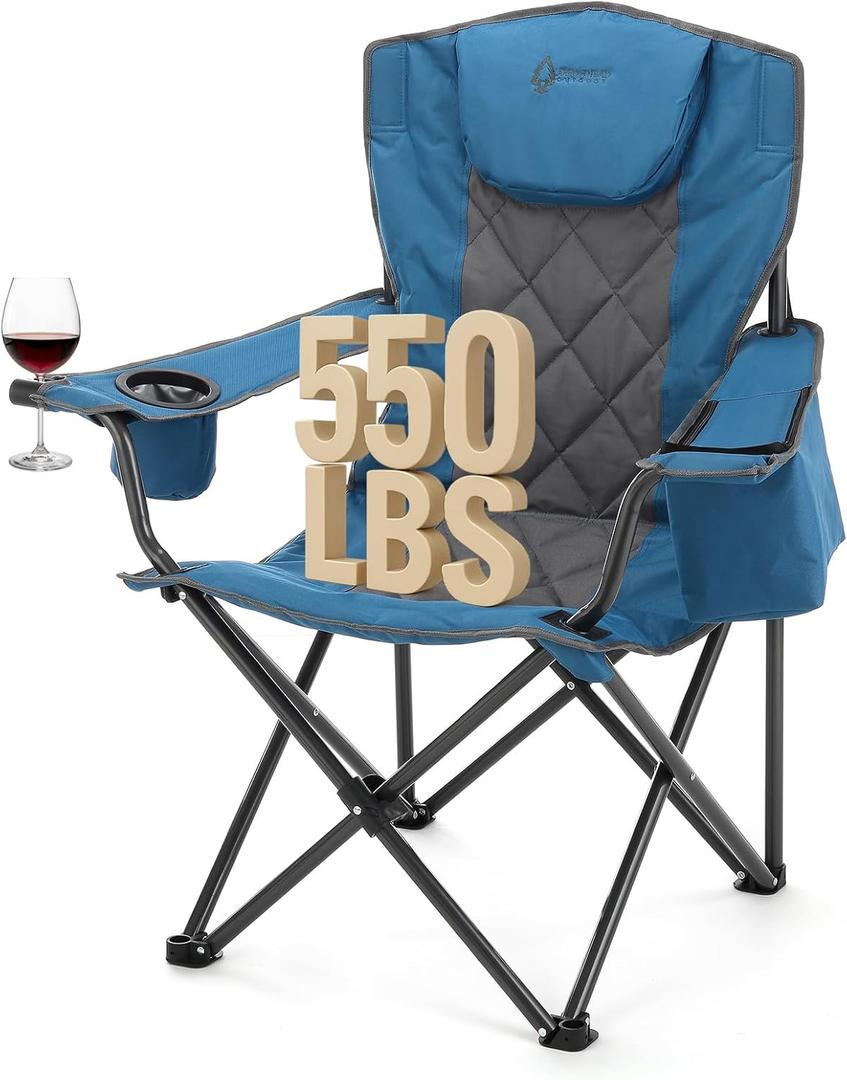 ARROWHEAD OUTDOOR Portable Deluxe Folding Camp Quad Chair w/Headrest, Glass & Cup Holders, Armest 6-can Cooler, Heavy Duty Carry Bag, 550 lbs Weight Capacity (Blue)