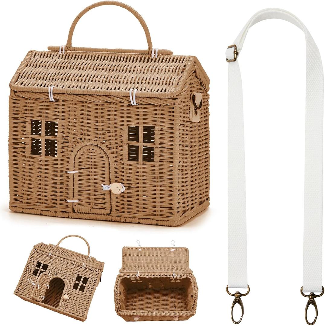 Wettarn Handmade Rattan Doll House Rattan House Shape Shoulder Bag Wicker Basket with Lid for Doll Toys Storage Basket Small Dollhouses Cute Woven Handcrafted Artwork Gift(Khaki)