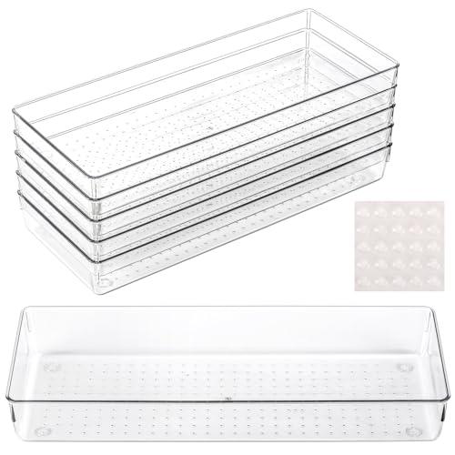 Ohlove 6 Pcs Large Clear Plastic Drawer Organizers Tray 15" x 6.3" Storage Bins with 25 Pcs Non-Slip Pads for Makeup, Jewelries, Kitchen Utensils, Bathroom and Office