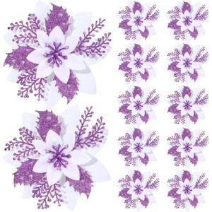 12 Pieces 5.7 Inch Christmas Poinsettia Flower Christmas Glitter Artificial Flower with Clips Xmas Tree Ornament for Wreath Garland Party Decor (White,Purple)
