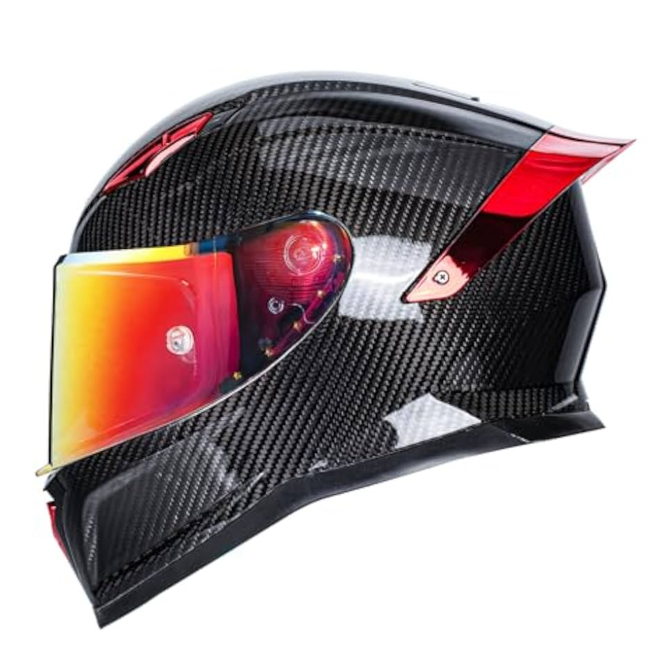 Carbon Fiber Full Face Motorcycle Helmets with Spoiler Sport Touring Street Motorcycle Helmet - Bluetooth Ready Speaker Pockets. Size M