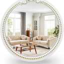 Vintage Round Wall Mirror 11.8inch Small Farmhouse Wooden Vanity Mirror for Wall Decor, Decorative Antique White Nursery Mirrors, Traditional Art Home Bow Decor for Living Room,Bedroom