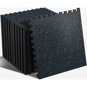 SUPERJARE 0.56'' Thick 12 Pcs 48 Sq Ft Rubber Top Exercise Equipment Mats, High Density EVA Foam Mats with Rubber Top, Interlocking Gym Flooring for Home Gym, Protective Workout Mat, Black/Blue