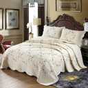 3 Piece Cotton Quilt Bedspreads Oversize Queen Elegant Floral Embroidered Soft Lightweight Cotton Coverlet,1 Quilt and 2 Shams (Beige)