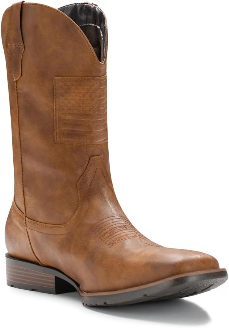 IUV Cowboy Boots For Men Wide Western Boot Traditional American Flag Retro Square Toe Country Work Boots (10, Brown)