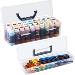 Geelin Clear Paint Storage Box and Paint Brush Storage Box Set, 30 Bottles Capacity Paints Organizer for 2 fl. oz Bottles, Portable Long Brush Holder Boxes, Craft Organizer