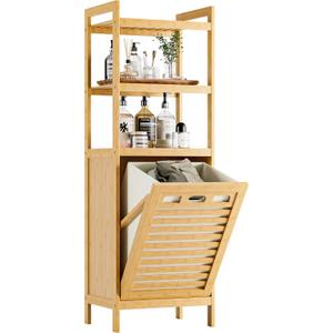 HITNET Tilt Out Laundry Hamper, Bamboo Laundry Basket with Foldable Bag and 3 Open Shelves, Freestanding Clothes Storage Organizer for Bedroom, Bathroom, Living Room, Natural, 11.81 inches x 15.75 inches x 46.85 inches