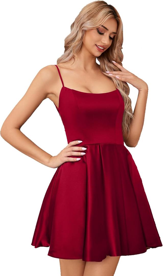 Satin Mini Homecomg Dress for Teens Short Backless with Pockets Spaghetti Strap Cocktail Dress (2, Burgundy)