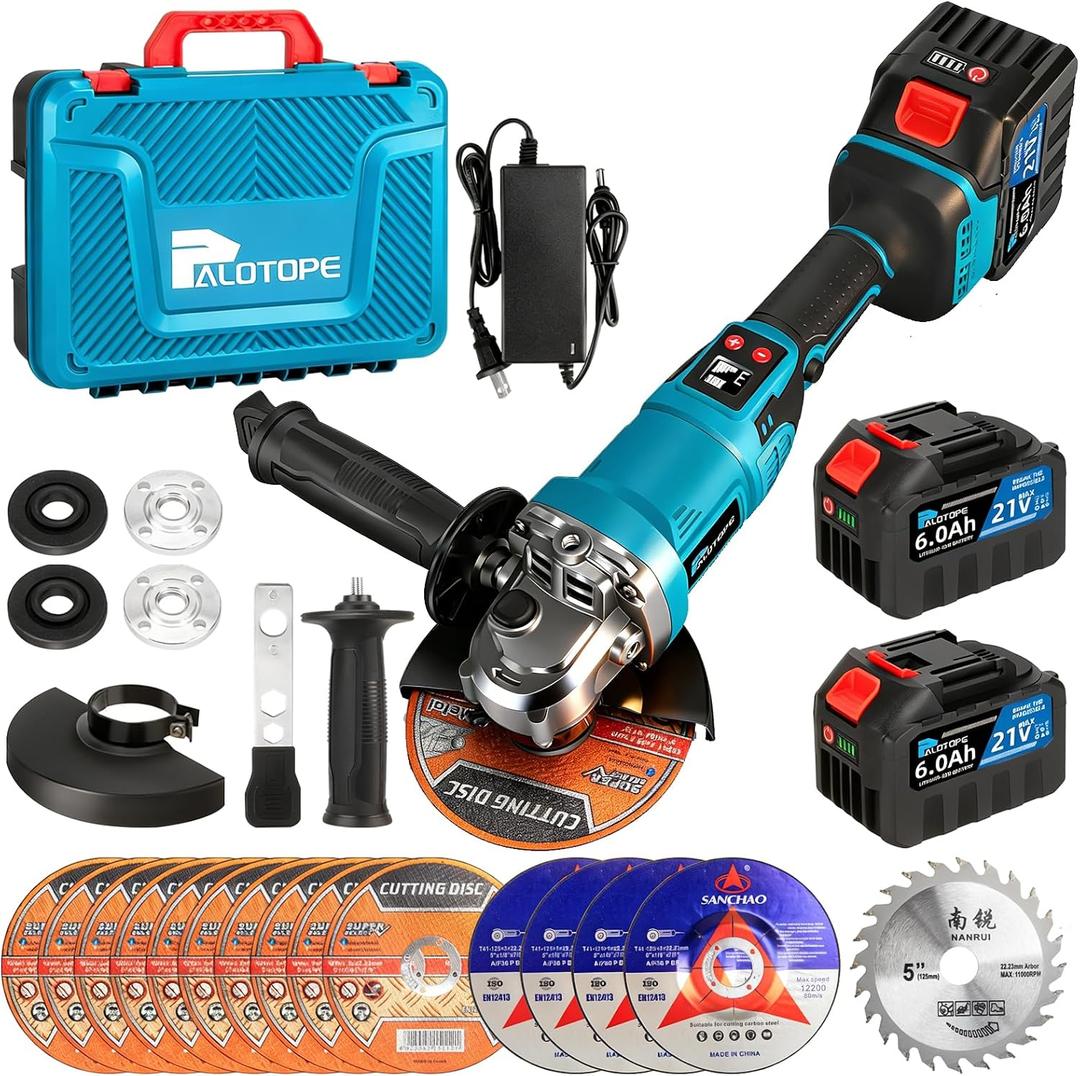 Cordless Angle Grinder 5 Inch Kit,Electric Angle Grinder Portable with 2x6.0Ah Batteries,125MM 10000 RPM Amoladora Inalambrica,Battery Grinder for Rust Removal,Metal Cutting, Polishing