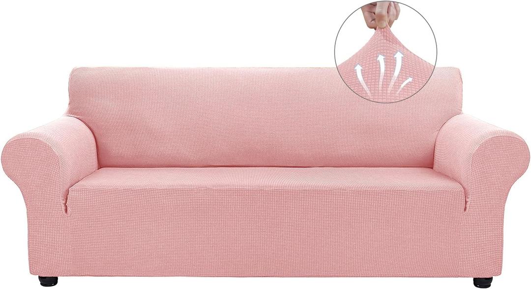 Asnomy Couch Covers for 3 Cushion Couch Stretch Sofa Covers Slipcovers, Pet Protector Furniture Covers for Dogs Cats Spandex Jacquard Fabric Small Checks Large, Pink