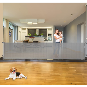 110" Extra Wide Baby Gate Retractable Dog Gate for Large Openings, Gray | Indoor/Outdoor Retractable Pet Gate, Space-Saving, Easy One-Hand Operation, Safety Lock, Scratch-Resistant Mesh, Easy Install