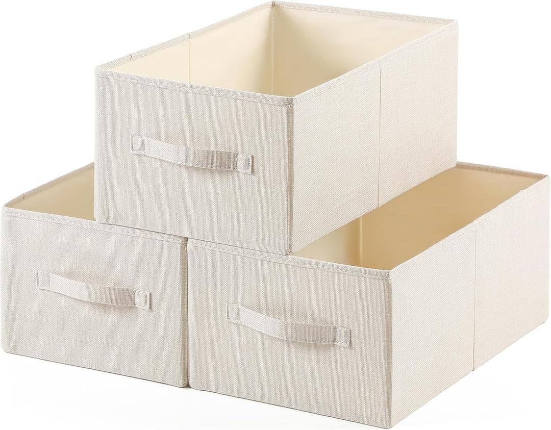 Linen Folding Storage Bins, 3 Pack Large Storage Baskets, Washable, Clothing Storage Bins with Handle, Closet Organizer for Storage Sweater,Sheets(Beige, 18"x11 x8)