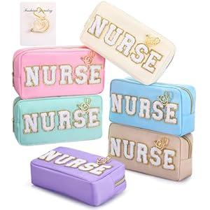 Kacctyen 6 Pcs Nurse Makeup Bag Bulk Nurse Chenille Letter Makeup Bags with 6 Pcs Nurse Pins Stethoscope Pin Nurse Appreciation Gift Preppy Patch Nylon Nurse Pouch for Work Birthday Party Gift