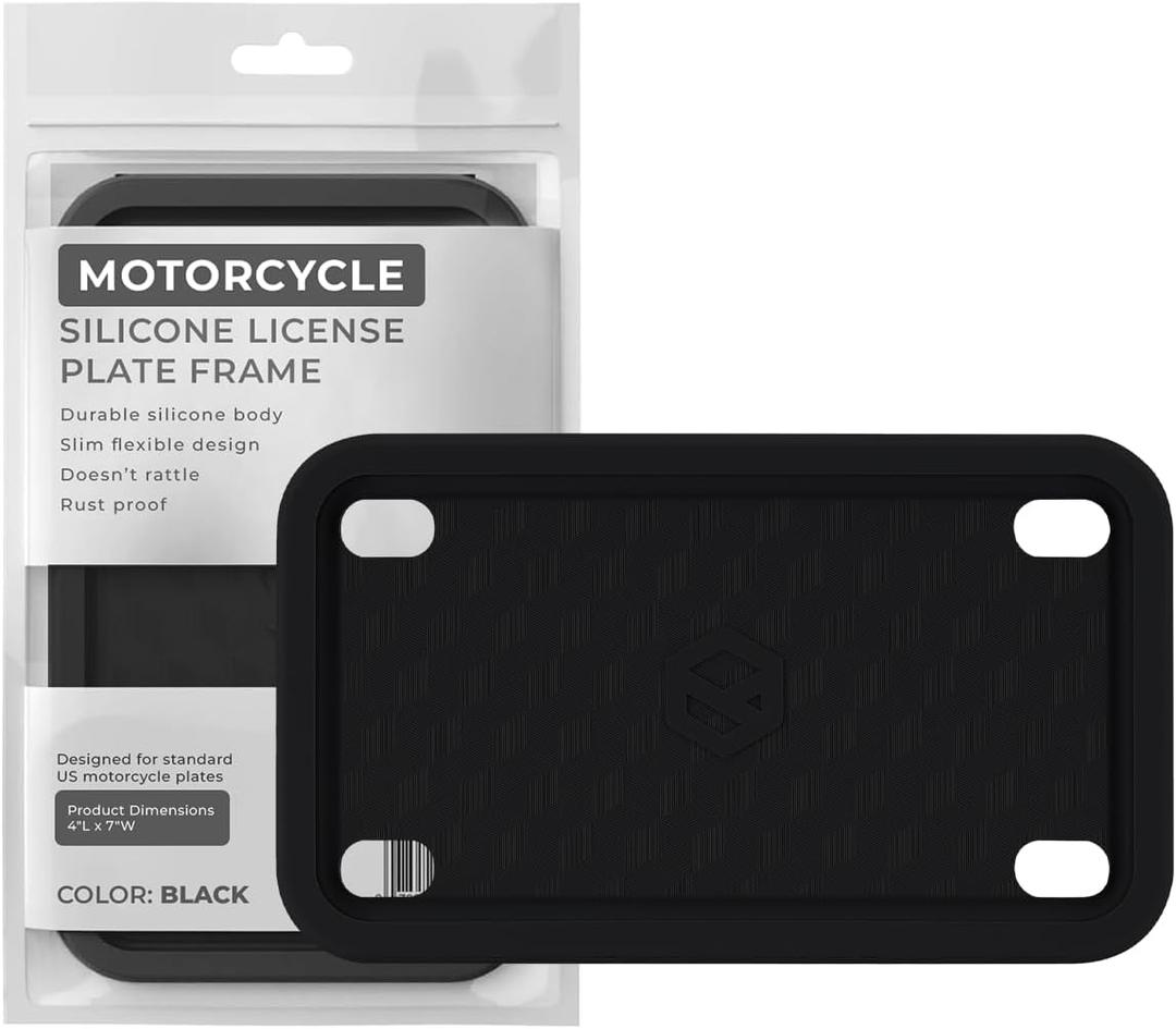 Rightcar Solutions Motorcycle License Plate Frame Premium Silicone, Rust-Proof, Rattle-Proof, Weather-Proof Plate Holder, Street Legal, Custom Bike Tag Frame - Black
