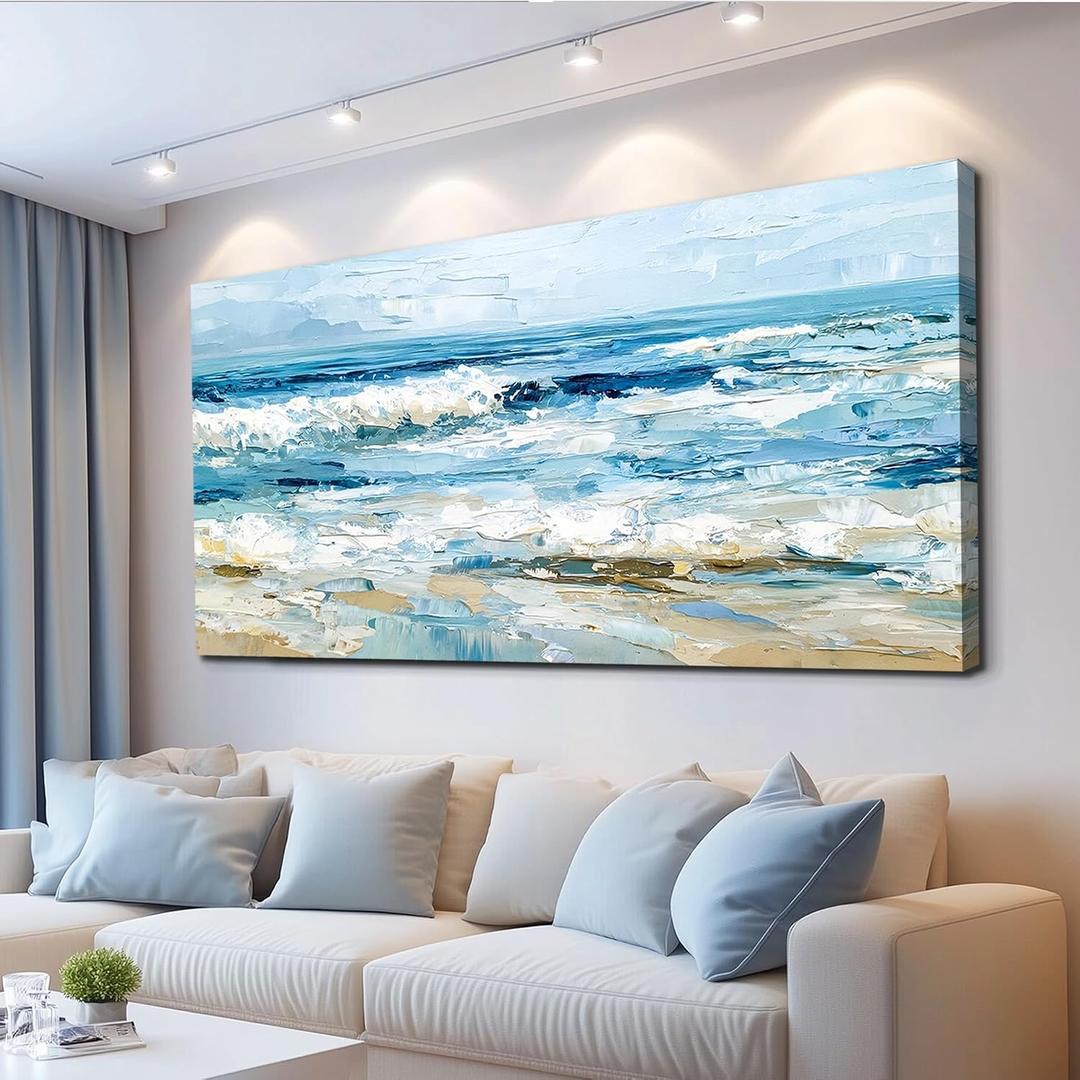 WLWBINTING Large Abstract Canvas Wall Art Beach Pictures Wall Art For Living Room Ocean Painting Wall Decor Canvas Prints Textured Pictures Modern Artwork Bedroom Office Home Decor Ready To Hang, 58"L x 29"W