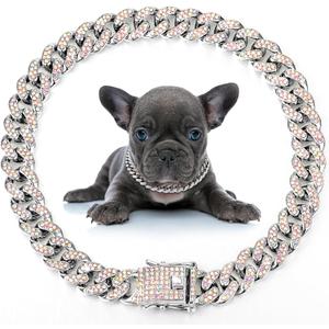 LEIFIDE Dog Chain Collar Diamond Link Puppy Collar 12 mm Wide Dog Necklace Metal Cat Chain Pet Crystal Necklace Jewelry Accessories for Small Medium Large Pet(12 Inch,Silver, AB Color)