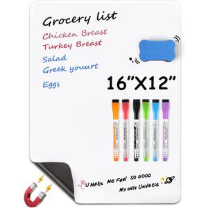 MaxGear 16 X 12 inch Magnetic Dry Erase Whiteboard for Refrigerator, Fridge Whiteboard Sheet Fridge Shopping List Office Notice Board with New Stain Resistant Technology (Include 1 Eraser,6 Markers)