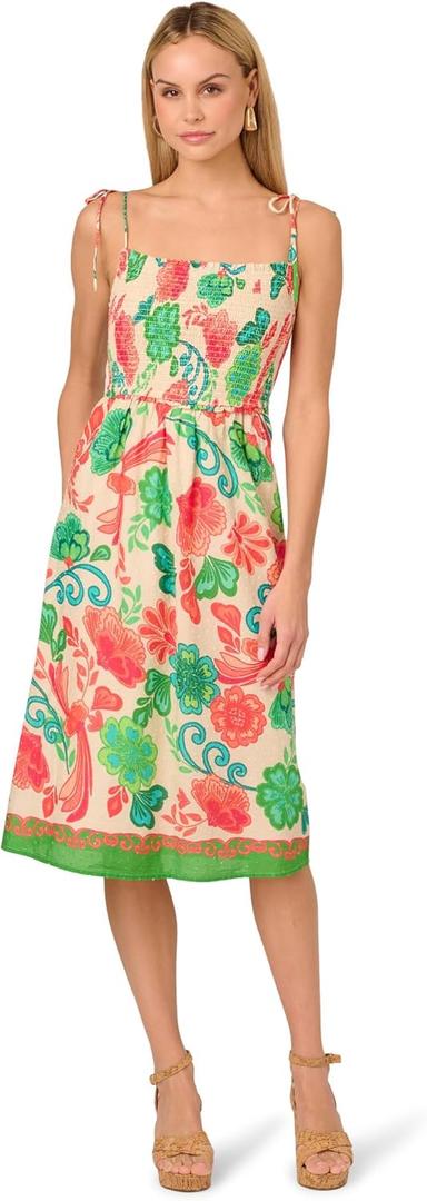 Adrianna Papell Women's Smocked Printed Placement Dress (6, Ivory Multi)