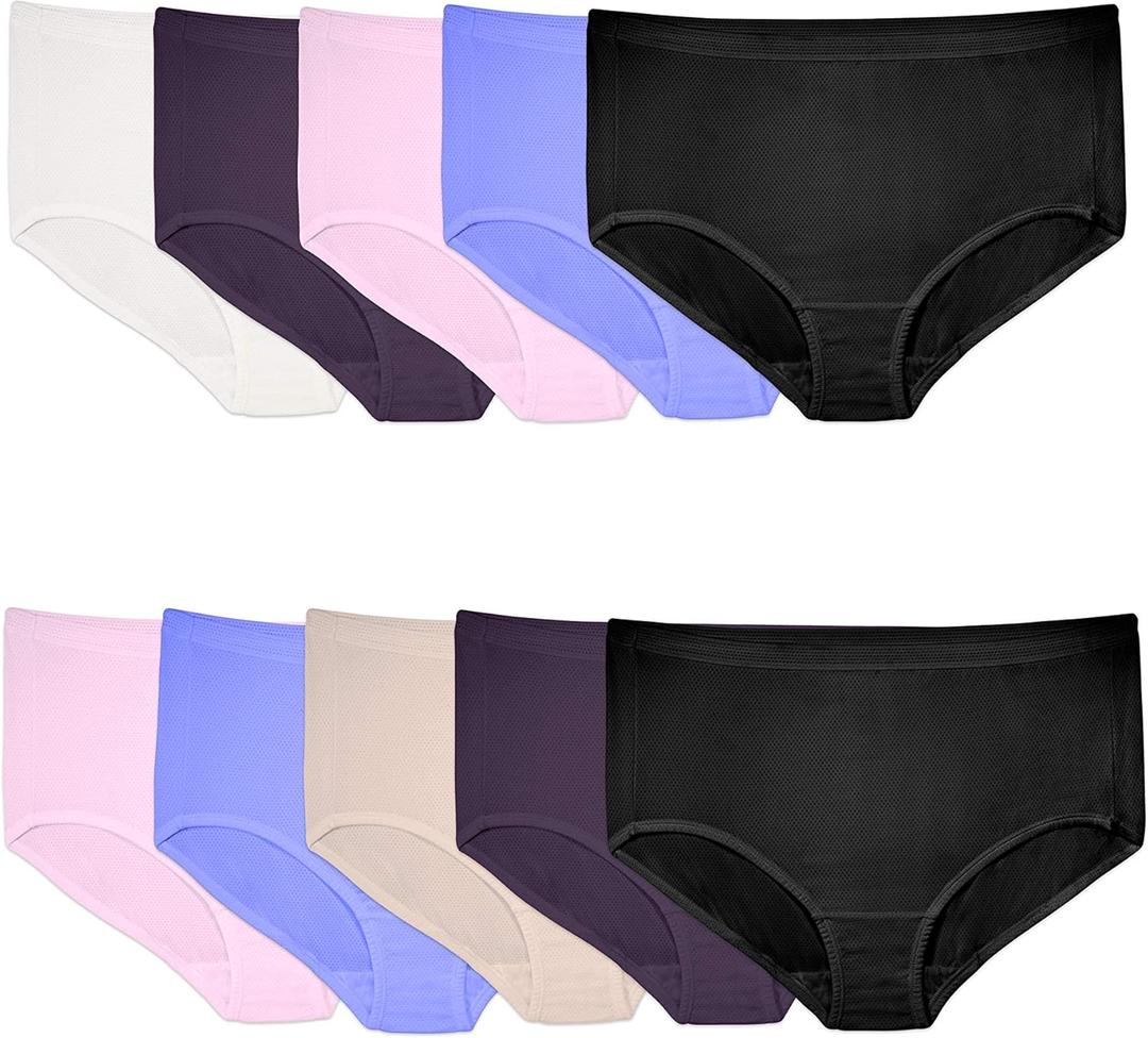 Fruit of the Loom Women's Breathable Underwear, Moisture Wicking Keeps You Cool & Comfortable, Also in Plus Size (Micro Mesh - Plus Size Brief - 10 Pack - Black/Blue/Purple)