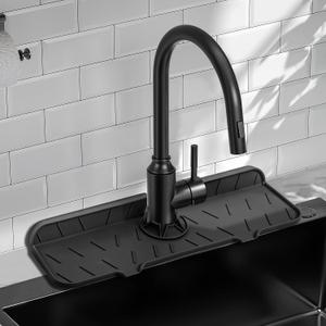 Meiliweser Silicone Faucet Splash Guard Gen 2 - Outlet & Slope Upgraded Faucet Water Catcher Mat - 15” x 5.5” - Sink Sponge Holder for Kitchen, Bathroom(Black)