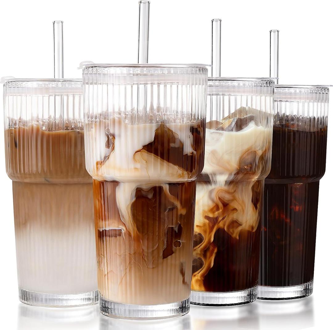 Iced Coffee Cups with Lids: Coffee Bar Accessories - Ribbed Glass Tumbler with Straw and Lid 4Pcs - 20oz Leak Proof Tumbler - Reusable Glass Cups and Tumblers with Lid and Straws for To Go Iced Coffee