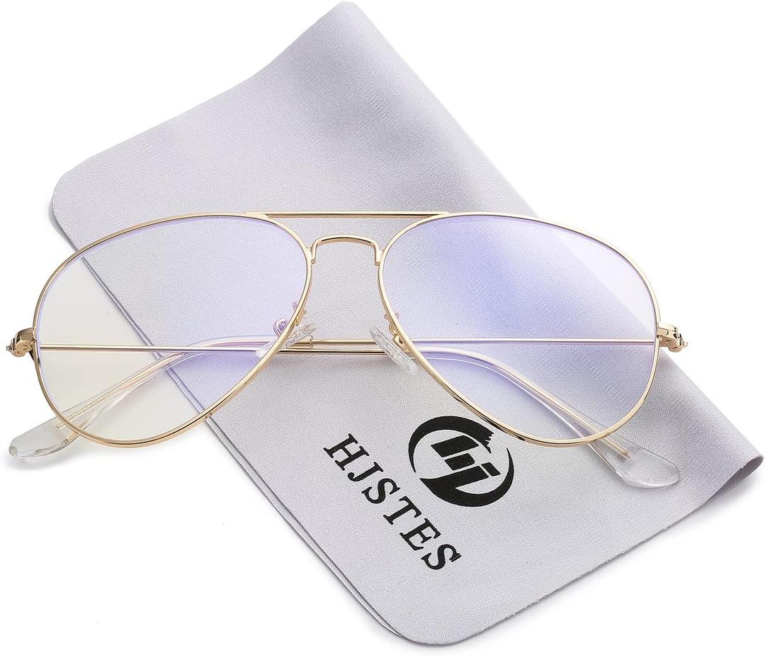 HJSTES Clear Lens Aviator Glasses Blue Light for Women Men Classic Pilot Frame Non-prescription Eyeglasses (B01 Glod)