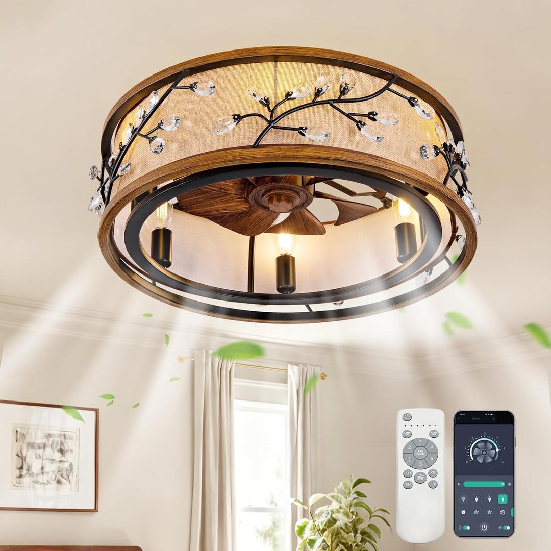 20" Low Profile Farmhouse Ceiling Fan with Lights, App & Remote, Reversible | Quiet DC,Energy Saving, Flicker-Free,Flush Mount,Crystal, Easy Install,Kitchen Ceiling Fan with Lights,Bedroom Ceiling Fan