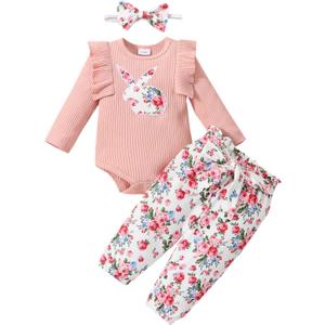 FOCUTEBB My First Easter Outfit Baby Girls Newborn Infant Clothes Easter Bunny Ruffled Romper Pants Clothes Set 0-18 Months