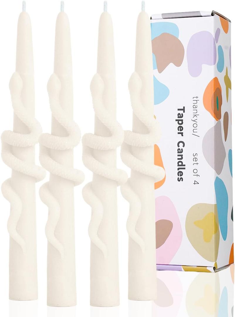 Ivory Taper Candle Candlestick Snake Soy Candles Unscented Wedding Party Wax Unscented Dinner Candle Dripless,8 inch,Set of 4,Snake