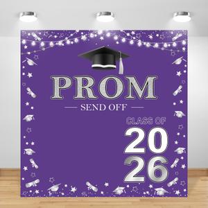 Prom 2026 Backdrop 6x6ft Purple Silver Graduation Prom Photography Background Silver Purple Class of 2026 Graduations Congrats Grad Party Send Off Banner Photo Studio Props (6x6ft)