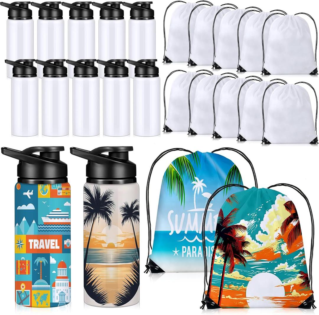 12 Set 20 oz Sublimation Aluminum Water Bottle and Sublimation Drawstring Bags Blank White Sublimation Sport Water Bottle with Drawstring Backpack for DIY Craft Travel Camping Hiking Gym