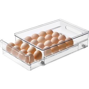 vacane 24 Capacity Egg Holder for Refrigerator Organizer Bins, Clear Egg Storage Container For Fridge Egg Drawer Egg Tray with Non-Slip Pads, Bpa Free Egg Organizer (1 Pack-Clear)