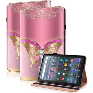 Case for All-New Amazon Kindle Fire HD 8 & 8 Plus Tablet (12th/10th Generation,2024/2022/2020) 8", PU Leather Flip Case with Elastic Band & Card Slots, Multi-Angle Stand Cover - Pink Butterfly (Fire HD 8 & 8 Plus (2022/2020))