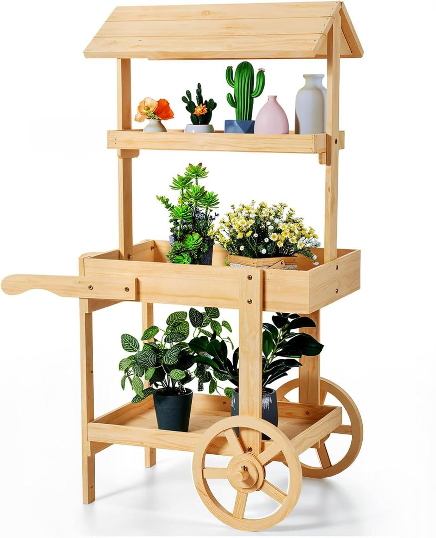 Hanaive Flower Cart Display Stand with Wheels for Bridal Shower Baby Shower Party Large Country Market Vintage Wooden 3 Tier Cart for Display Flower Candy Party Crafted Items (Wood Color)