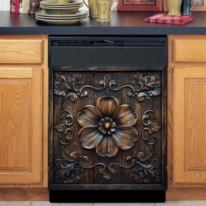 Vintage Wooden Floral Dishwasher Magnet Cover,Flower Carved Wood Magnetic Dishwasher Cover Vinyl Sticker,Rustic Wood Fridge Door Cover Magnets Art Skin Panel Decal,Home Decor Decal,23"X26"