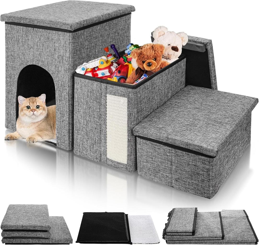 Dog Stairs for Small Dogs, 3 Tiers Dog Step with Storage, Foldable Older Cat Ramp with Condo Cat Scratcher, Portable Pet Ladder for High Bed Couch Chair Car, Up to 165 Lbs, 17 Inch