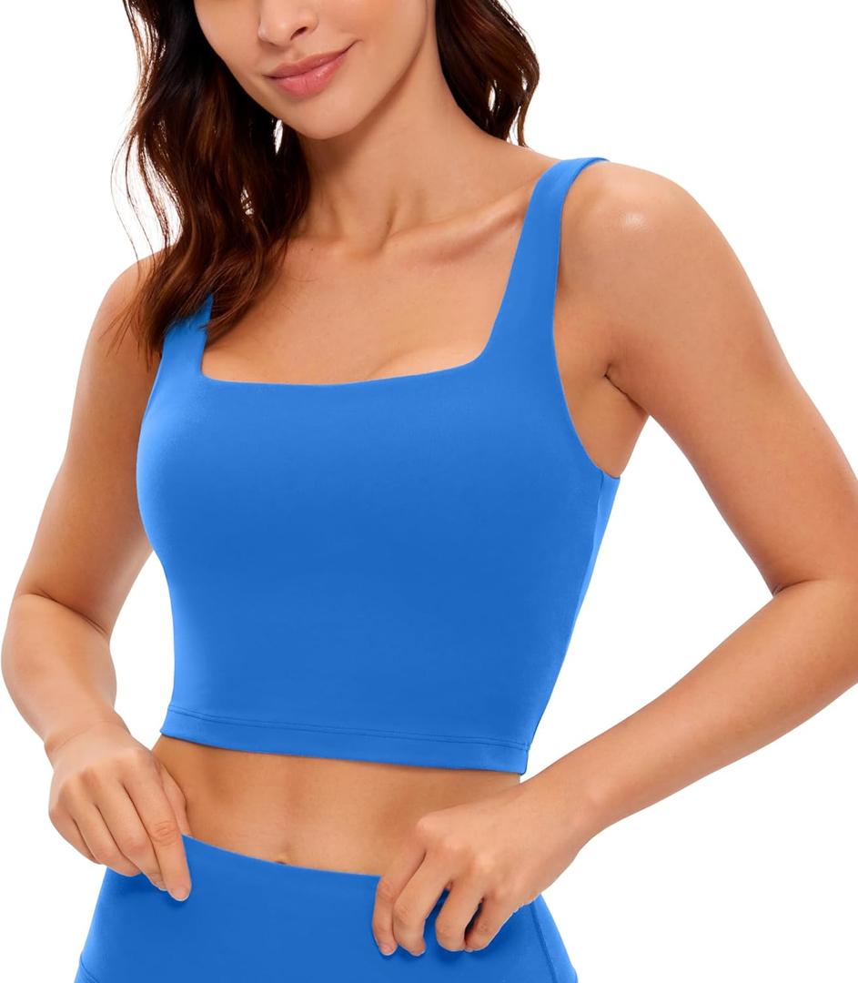 CRZ YOGA Butterluxe Womens Square Neck Longline Sports Bra - Workout Crop Tank Tops Padded Yoga Camisole with Built in Pads (Large, Sparkle Blue)