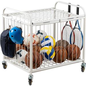 MyGift Large Capacity Metal Rolling Multi Sports Ball Cage Storage Hopper, Gym Equipment Basket Cart with Lockable Latch, Heavy Duty Caster Wheels, and 8 Accessory Hooks, White
