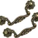 6-Pack Antique Brass Drop Bail Pulls for Cabinets, 3" Hole Centers, Vintage Floral Decorative Handles for Dresser Drawers, Wardrobe Cupboards