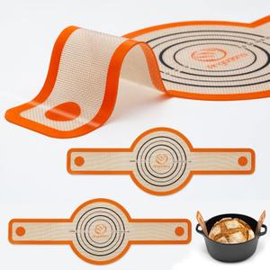 Silicone Bread Sling Dutch Oven - Best Japan Silicone. Non-Stick & Easy Clean Reusable Bread Baking Mat. With Extra Long Handles Bread Baking Sheet Liner, 2 Orange Set for Transferable Dough